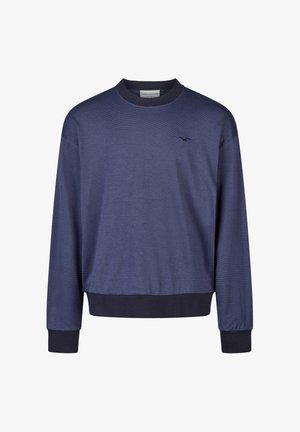 Marineblauer Sweatshirt mit langen Ärmeln, geripptem Rundhalsausschnitt und Bündchen. Mit dezenten horizontalen Streifen und einem kleinen Logo auf der Brust.