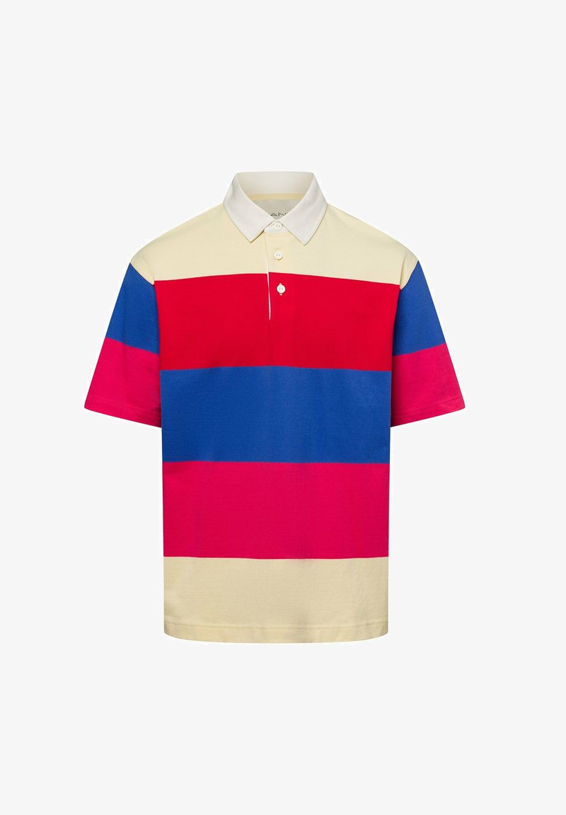 Korte mouwen polo met brede horizontale strepen in beige, rood, blauw en roze, met een beige kraag en knoopsluiting.