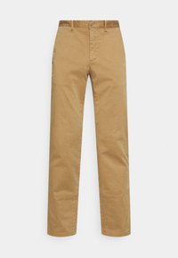 Pantalon en coton beige avec une coupe droite, fermeture à bouton et passants de ceinture. Texture lisse sans motifs ni accents visibles.