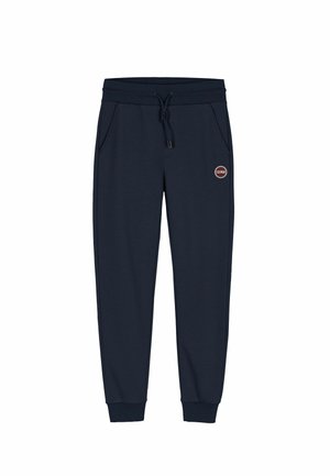 Navy sweatpants with elastic waistband and drawstring, featuring side pockets and a round logo patch on the left thigh. Soft texture.