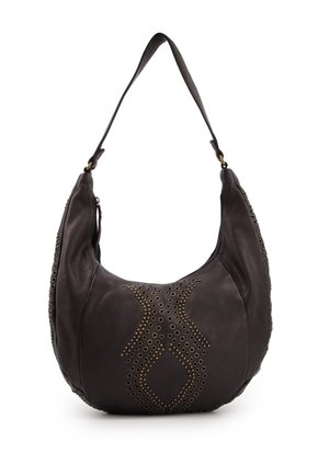 Bruine leren hobo tas met een slouchy vorm, voorzien van een gouden studdenpatroon en een enkele schouderriem. Ritsluiting aan de bovenkant.