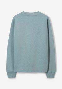 Sweatshirt à manches longues simple, col rond, en bleu-vert atténué, vu de dos avec des poignets et un ourlet côtelés.
