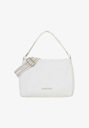 Sac à main Valentino blanc avec logo doré, poignée supérieure ornée de clous, et bandoulière réglable de marque avec boucle dorée.