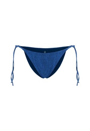 Blue bikini bottom with textured fabric, adjustable tie sides, and a low-rise cut. Features a solid inner lining for comfort.