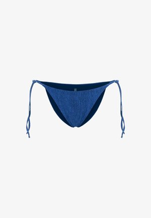 Blue bikini bottom with textured fabric, adjustable tie sides, and a low-rise cut. Features a solid inner lining for comfort.
