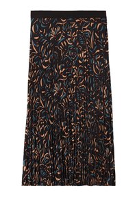 Plissé rok in zwarte stof met een bloemenpatroon in blauw, perzik en rood. Elastische tailleband, middellange stijl, lichte textuur.