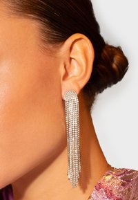 Zilveren oorbellen met meerdere watervalstrengen van kleine, sprankelende rhinestones. Het ontwerp is elegant met een afgeronde clip-on achterkant.