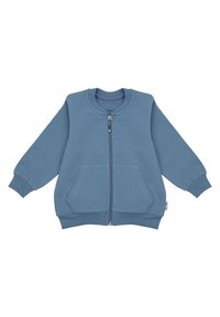 Niebieska kurtka na zamek wykonana z miękkiej mieszanki bawełny. Posiada długie rękawy, okrągły dekolt, dwie przednie kieszenie oraz ściągacze na mankietach i na dole.