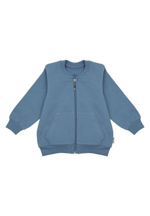 Niebieska kurtka na zamek wykonana z miękkiej mieszanki bawełny. Posiada długie rękawy, okrągły dekolt, dwie przednie kieszenie oraz ściągacze na mankietach i na dole.