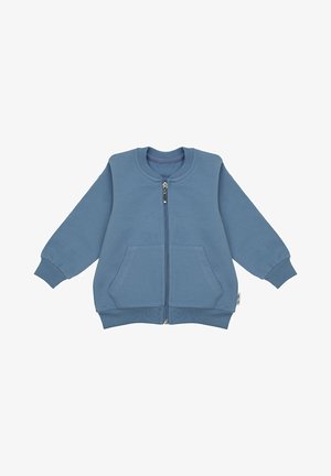 Niebieska kurtka na zamek wykonana z miękkiej mieszanki bawełny. Posiada długie rękawy, okrągły dekolt, dwie przednie kieszenie oraz ściągacze na mankietach i na dole.
