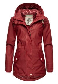 Red waterproof jacket featuring a hood, decorative inner lining with floral pattern, and front pockets with button closures.