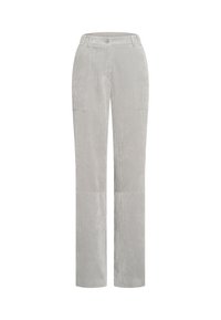 Light gray straight-leg corduroy pants with a button and zipper closure, belt loops, and subtle patch pockets on thighs.