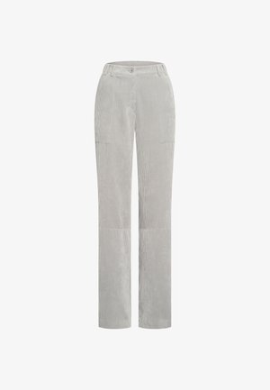 Light gray straight-leg corduroy pants with a button and zipper closure, belt loops, and subtle patch pockets on thighs.