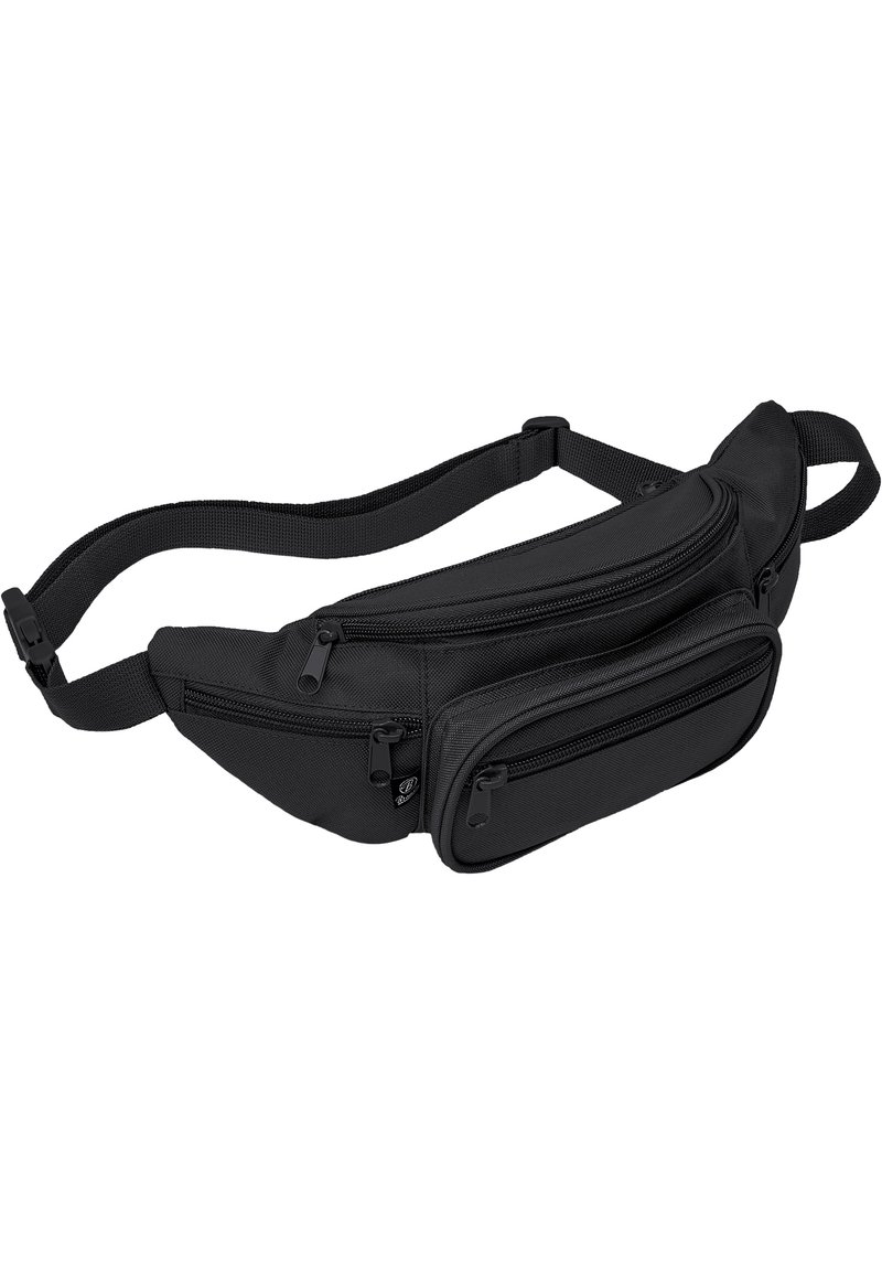 Juodas nailono fanny pack'as su trimis užtrauktukais užsegamais skyreliais, reguliuojama juosta, tekstūruota paviršiumi ir kompaktišku, išlenktu dizainu.