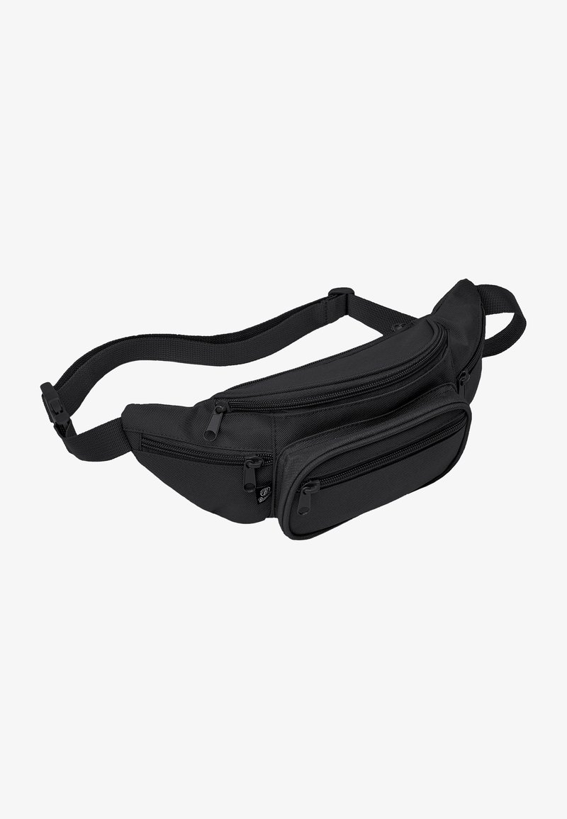 Svart nylon rumpetaske med tre glidelåslommer, justerbar rem, teksturert overflate og en kompakt, buet design.