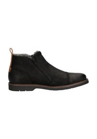 Schwarze Lederstiefelette mit seitlichem Reißverschluss, grauem Futter und hellbraunem Fersenpatch. Sie hat eine abgerundete Zehenform und eine strapazierfähige braune Sohle mit Nähten.