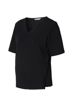T-shirt noir en V fait de coton, avec des manches courtes, des fentes latérales pour plus de confort et une coupe décontractée. Texture lisse et design simple.