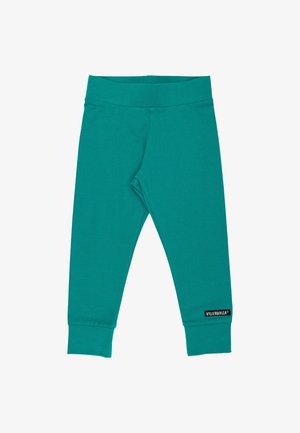 Turkoois katoenen legging met een zachte textuur, voorzien van een elastische tailleband en boorden bij de enkels. Heeft een gebrandmerkt label aan de zijkant.