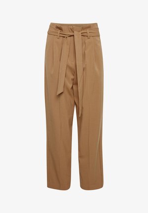 Pantaloni alta vita color marrone chiaro con cintura annodata, caratterizzati da pieghe e una linea dritta. Tessuto liscio con una finitura pulita.