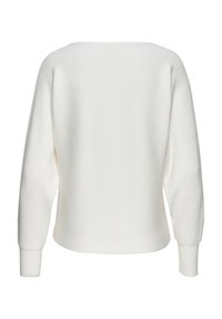 Weißer, gerippter Pullover mit rundem Halsausschnitt und langen, leicht gepufften Ärmeln. Der Saum sitzt über der Hüfte und bietet eine lässige Silhouette.