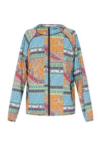 Giacca a vento colorata con design a patchwork in arancione, blu, verde e rosa; include una cerniera frontale e maniche lunghe.