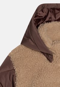 Bruine jas met een dikke beige fleece voering en een glanzende bruine capuchon die gedeeltelijk opgeklapt is.