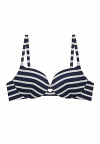 Striped bra with navy and white colors, underwire support, soft texture, and adjustable straps. Features a center keyhole detail.
