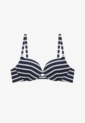 Striped bra with navy and white colors, underwire support, soft texture, and adjustable straps. Features a center keyhole detail.