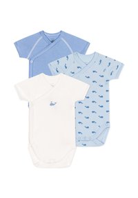 Tre body a maniche corte: uno a righe blu, uno azzurro chiaro con stampa di balene e uno bianco uniforme con un piccolo logo di balena.