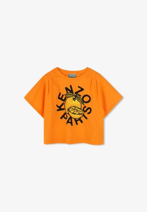 Top court à manches courtes orange en coton, orné d'un graphique noir d'un citron et de l'inscription "KENZO PARIS" affichée en évidence.