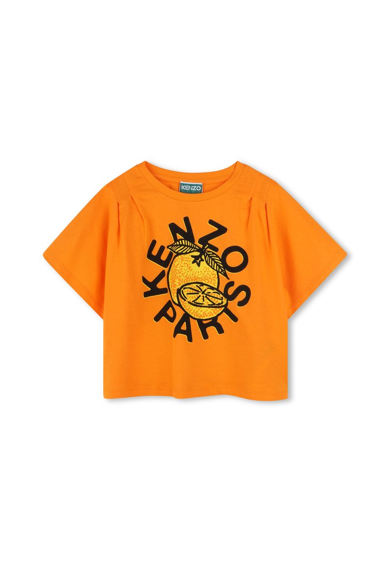 Top court à manches courtes orange en coton, orné d'un graphique noir d'un citron et de l'inscription "KENZO PARIS" affichée en évidence.