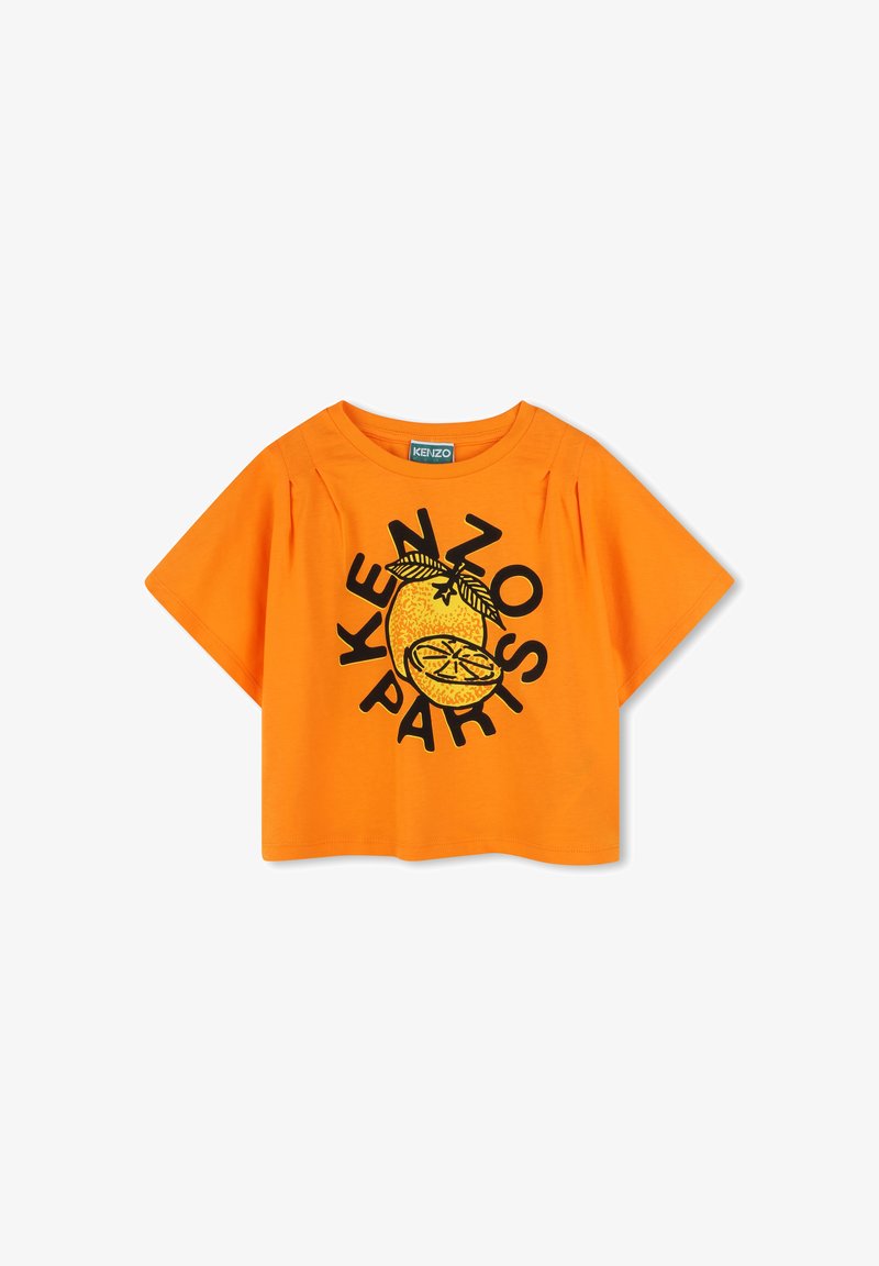 Top court à manches courtes orange en coton, orné d'un graphique noir d'un citron et de l'inscription "KENZO PARIS" affichée en évidence.