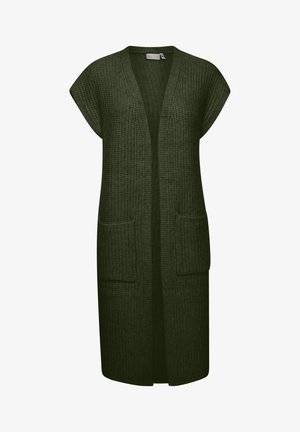Cardigan lungo in verde scuro, con apertura davanti, realizzato in tessuto lavorato a maglia. Presenta maniche corte e due tasche frontali.