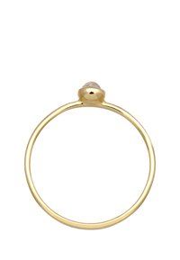 Guldring med en tynd skæft og en rund top, der har en klar, glat ædelsten indsat i en elegant, poleret finish.