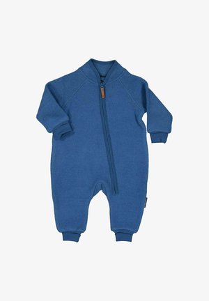 Blå fleeceheldragt med lynlås i fuld længde, raglanærmer og elastiske manchetter ved håndled og ankler. Har et lille logomærke.