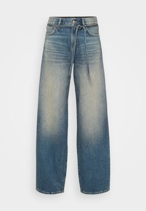 Lys blå vide jeans med bleket vask, med knapp- og båndlukking, og klassisk fem-lomme design.