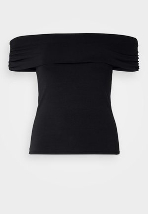 Czarna bluzka bez ramiączek wykonana z miękkiego materiału. Posiada marszczone detale na rękawach oraz dopasowany krój.