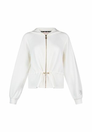 Sweat à capuche blanc zippé avec taille à cordon ajustable, manches longues avec poignets, et broderie subtile sur le poignet de la manche gauche.
