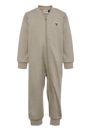Beige langærmet babybody med lynlås foran og lille bi-logo på brystet, ribbede kanter og rund halsudskæring.