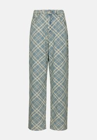 Blue plaid denim trousers with a high waist, wide legs, and contrasting white patterns. Features standard pockets and a button closure.