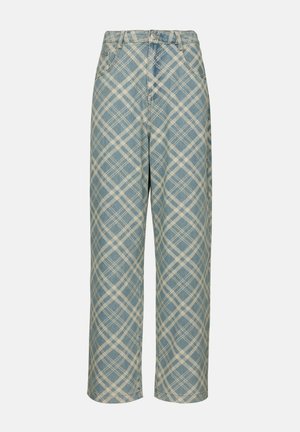 Blue plaid denim trousers with a high waist, wide legs, and contrasting white patterns. Features standard pockets and a button closure.