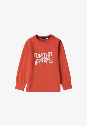 Rotes Langarm-T-Shirt aus Baumwolle mit einem zentralen weißen Graffiti-Druck, der "LIMITED EDITION" sagt. Rundhalsausschnitt.