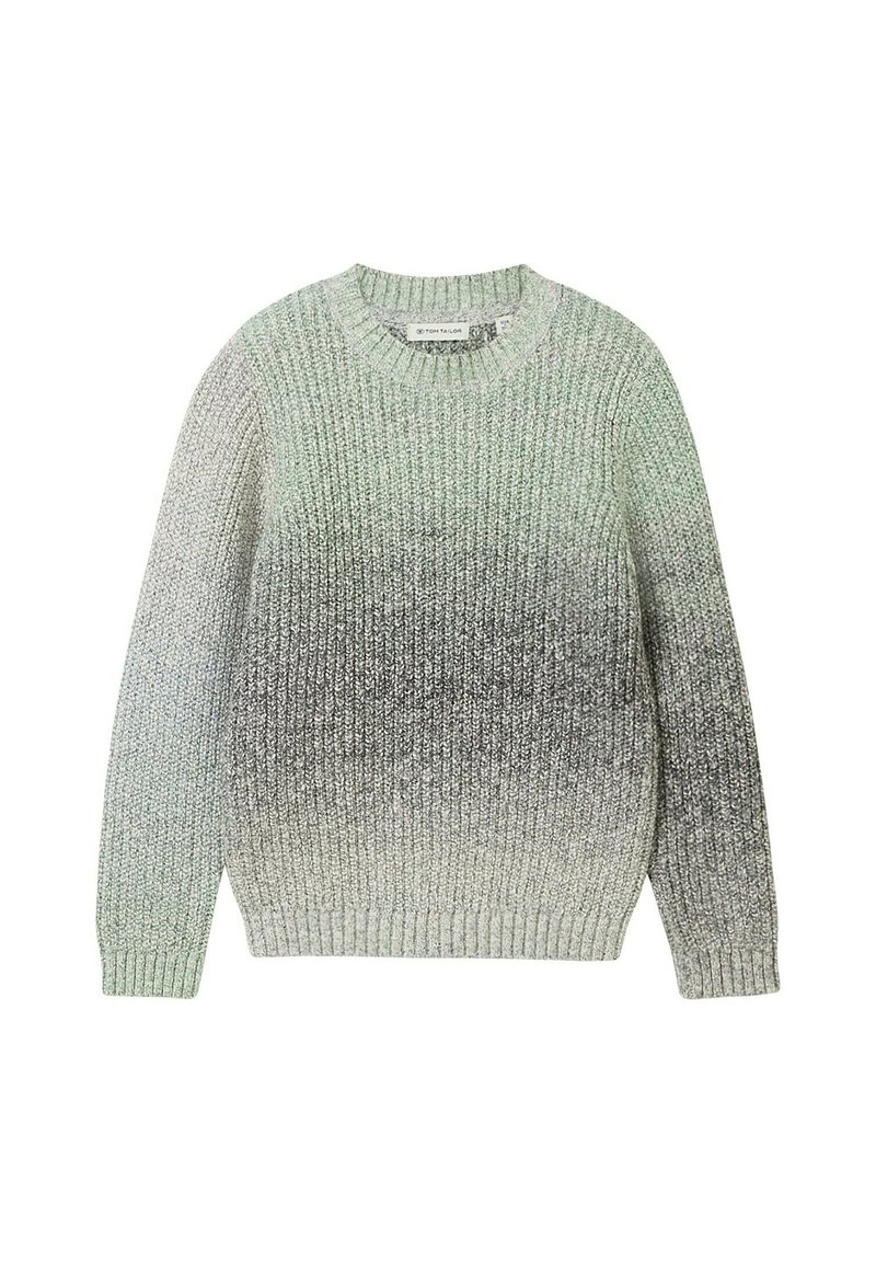 Pull en tricot avec un design dégradé allant du vert clair au gris. Encolure ronde et poignets côtelés, texture douce et coupe ample.