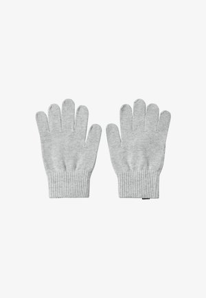 Szare dziane rękawiczki z pięcioma palcami, ściśnięty mankiet, miękka tekstura i brak wyraźnych wzorów lub elementów metalowych. Odpowiednie na zimną pogodę.