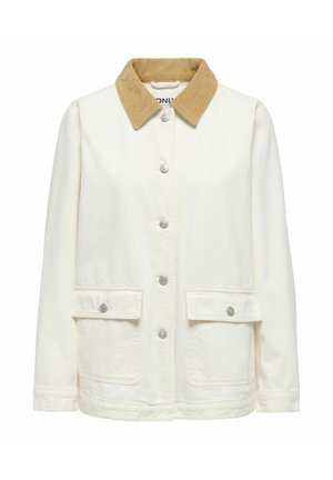 Off-white jakke med brun kordfløjlskrave, knapper foran og to forlommer med knapper.