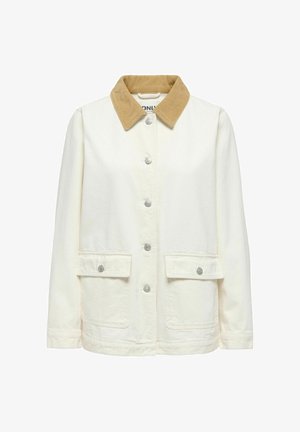 Offwhite jakke med brun kordfløyelskrage, knappelukking foran og to klafflommer med knapper foran.