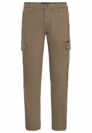 Cargo pants in olive green fabric; features side pockets and a button closure. Smooth texture with a straight-leg design.