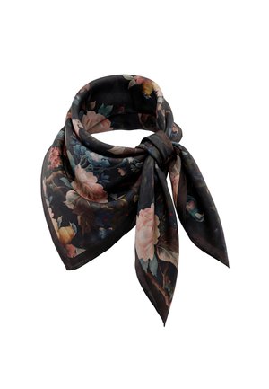 Czarny jedwabny szal z pastelowymi wzorami kwiatów i ptaków, związany luźnym węzłem z dwoma widocznymi spiczastymi końcami.