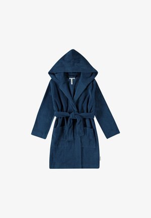 Marineblauer Kapuzenbademantel aus weichem Frottee, mit langen Ärmeln, einem gebundenen Gürtel und zwei vorderen Taschen.