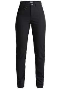 Pantaloni neri slim-fit realizzati in tessuto elastico. Presentano una zip nel davanti, chiusura con bottone e tasche anteriori e posteriori. Texture liscia.